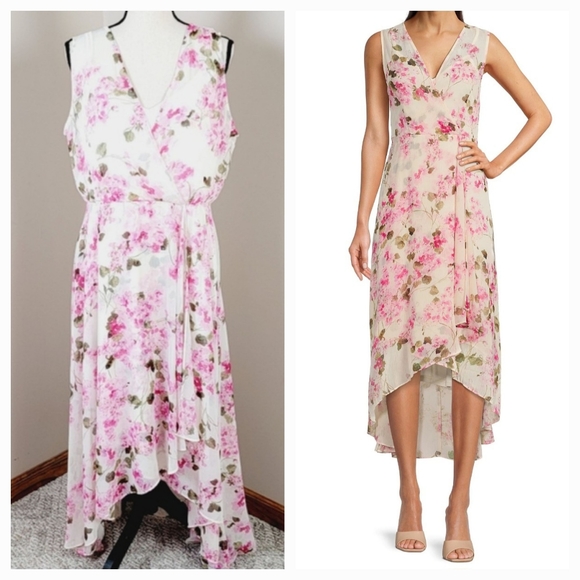 Calvin Klein Dresses & Skirts - Calvin Klein Pink Floral Chiffon Surplice V Neck High Low Dress  Sz 14 NEW